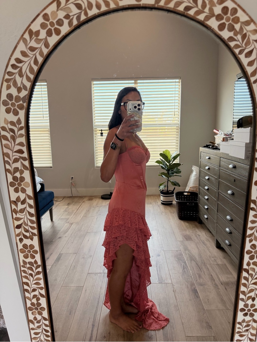 Coral High-Low Lace Ruffle Dress - Picture 3 of 11